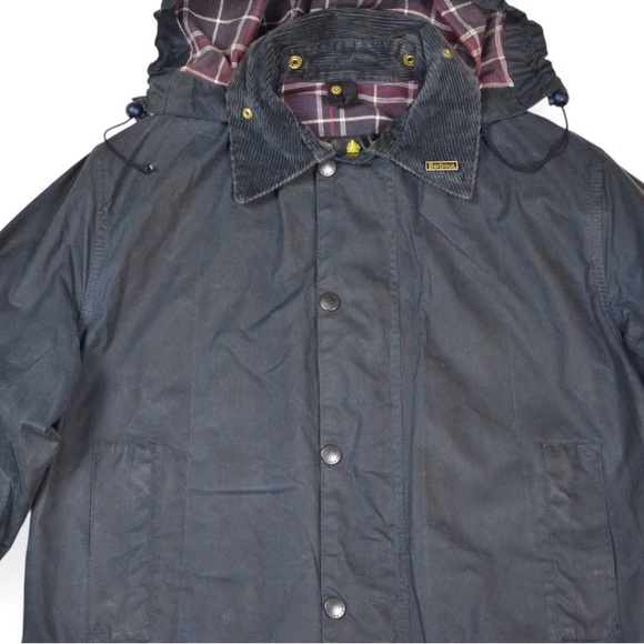 VTG Barbour Border Wax Jacket With Hood 1994 A205 Navy Blue Made In England C38 - Picture 5 of 16